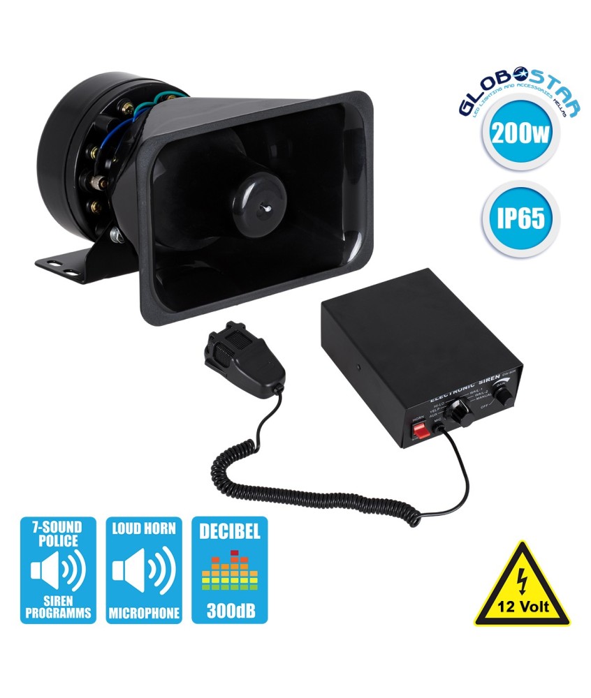 GloboStar® 85699 Τηλεβόας - Ντουντούκα - Σειρήνα - Κόρνα Αυτοκινήτου με 7 Προγράμματα Ήχητικών Εφέ Αστυνομίας - Πυροσβεστικής - Security με Μικρόφωνο - 200W 300db DC 12V Αδιάβροχο IP65